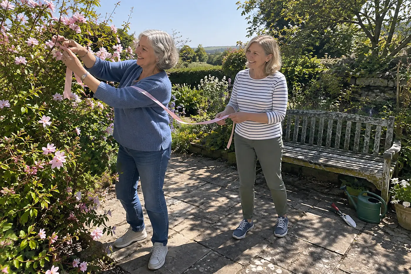 Woman tying a loose ribbon around a flowering shrub branch beside her garden bench.