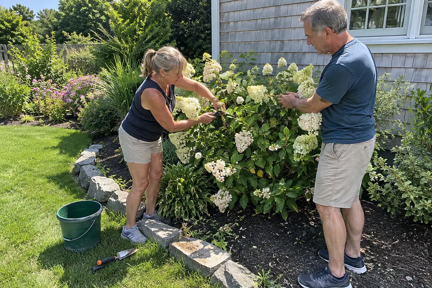 Woman removing a crossing stem from a panicle hydrangea in her garden.
