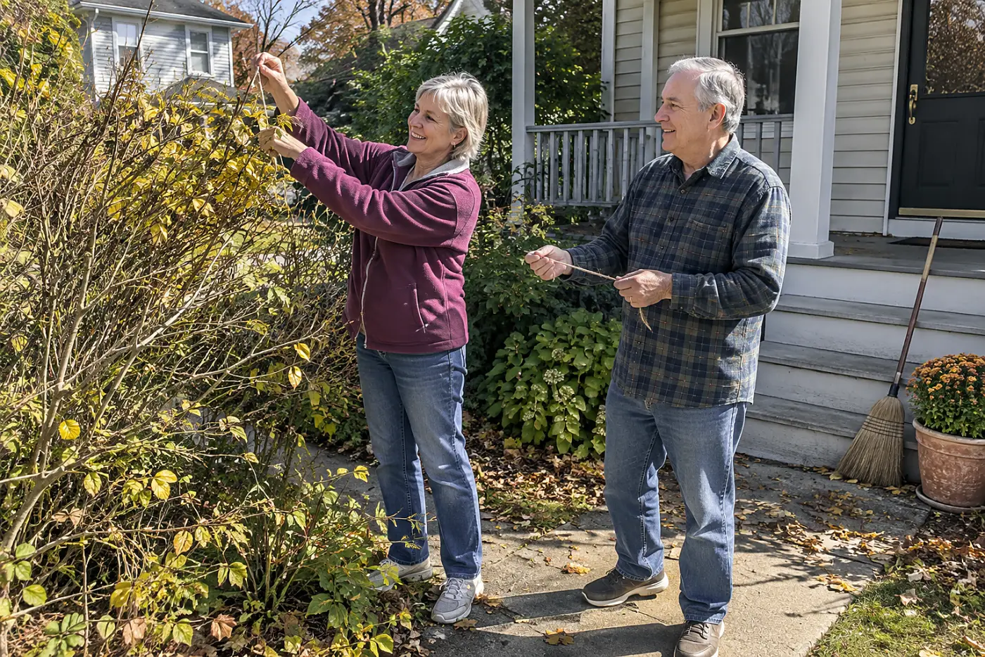 Woman tying back a forsythia branch beside her front walk in October.
