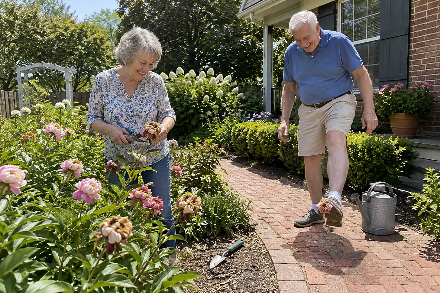 A woman in her sixties snips a faded peony flower in a garden bed beside a brick path.