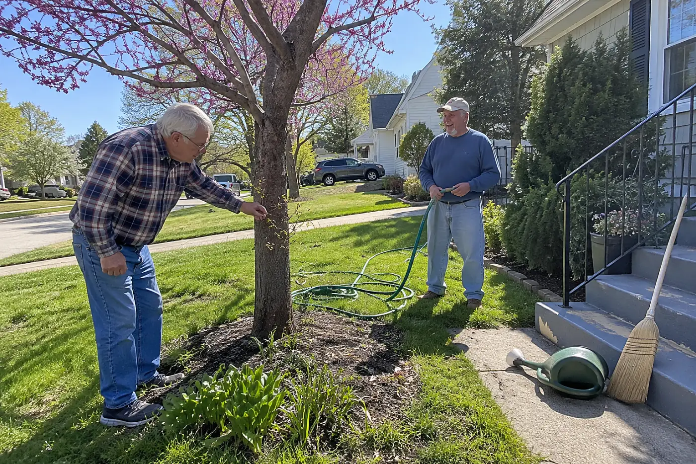 A man in his seventies examines a small shoot on a redbud trunk in a front yard.