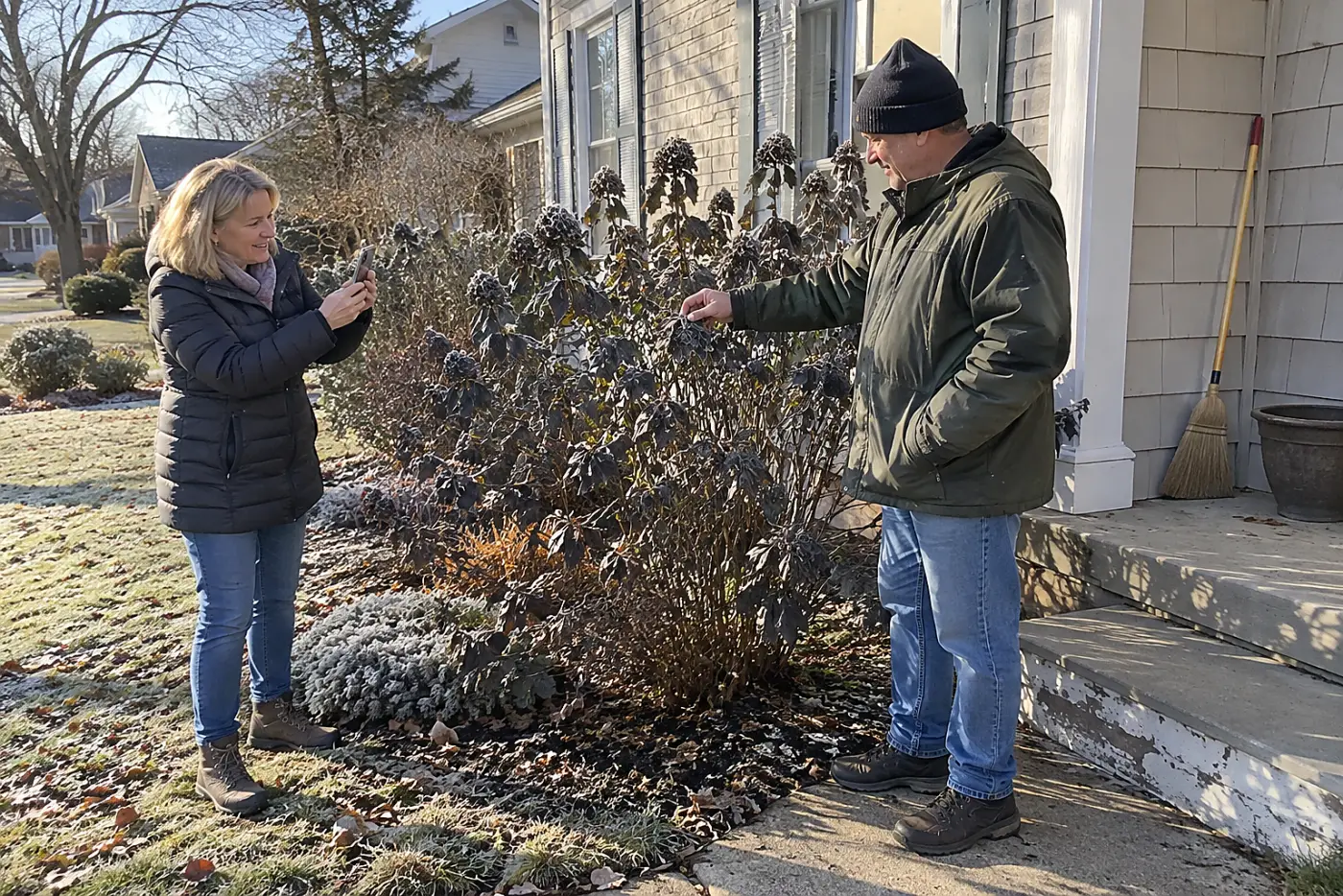 Woman photographing frost-blackened leaves on a shrub beside her porch.
