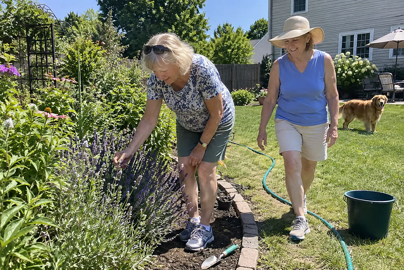 Woman finding green leaves on a lavender stem in a sunny garden bed.