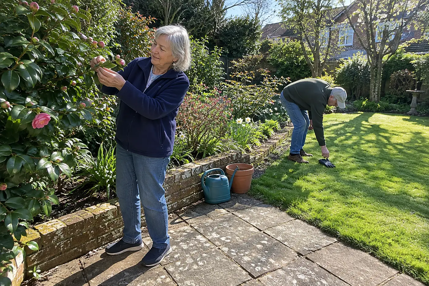 Woman comparing two camellia buds beneath the leaves in her garden.