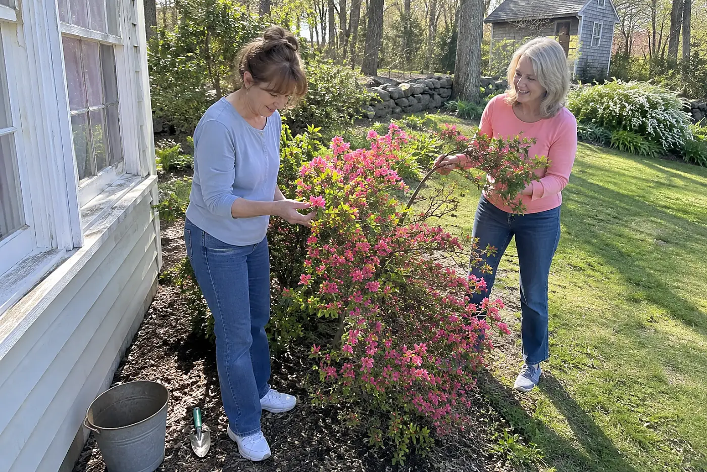 Woman inspecting buds on an azalea branch outside a window.