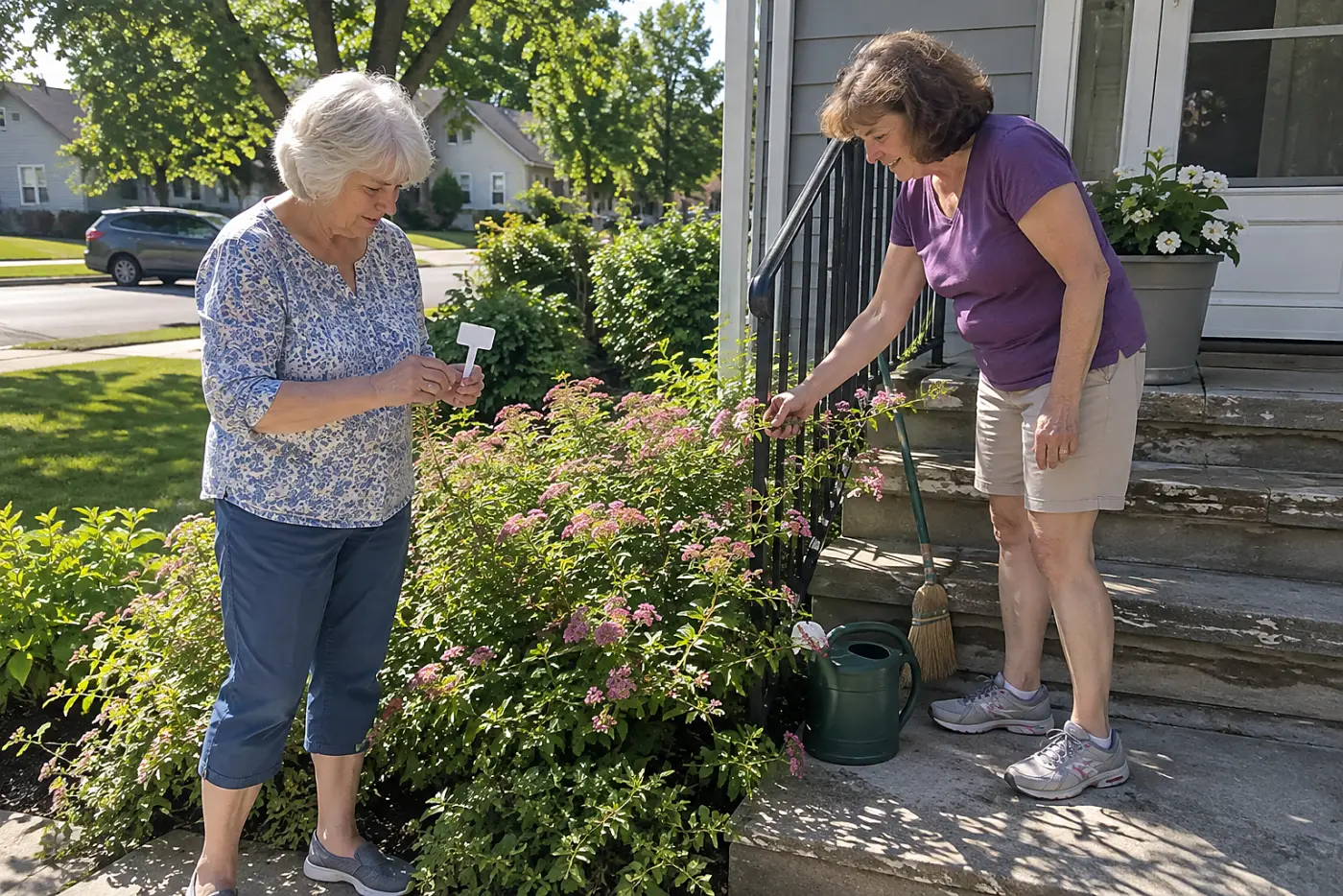 Woman reading a spirea tag beside a shrub near her front steps.