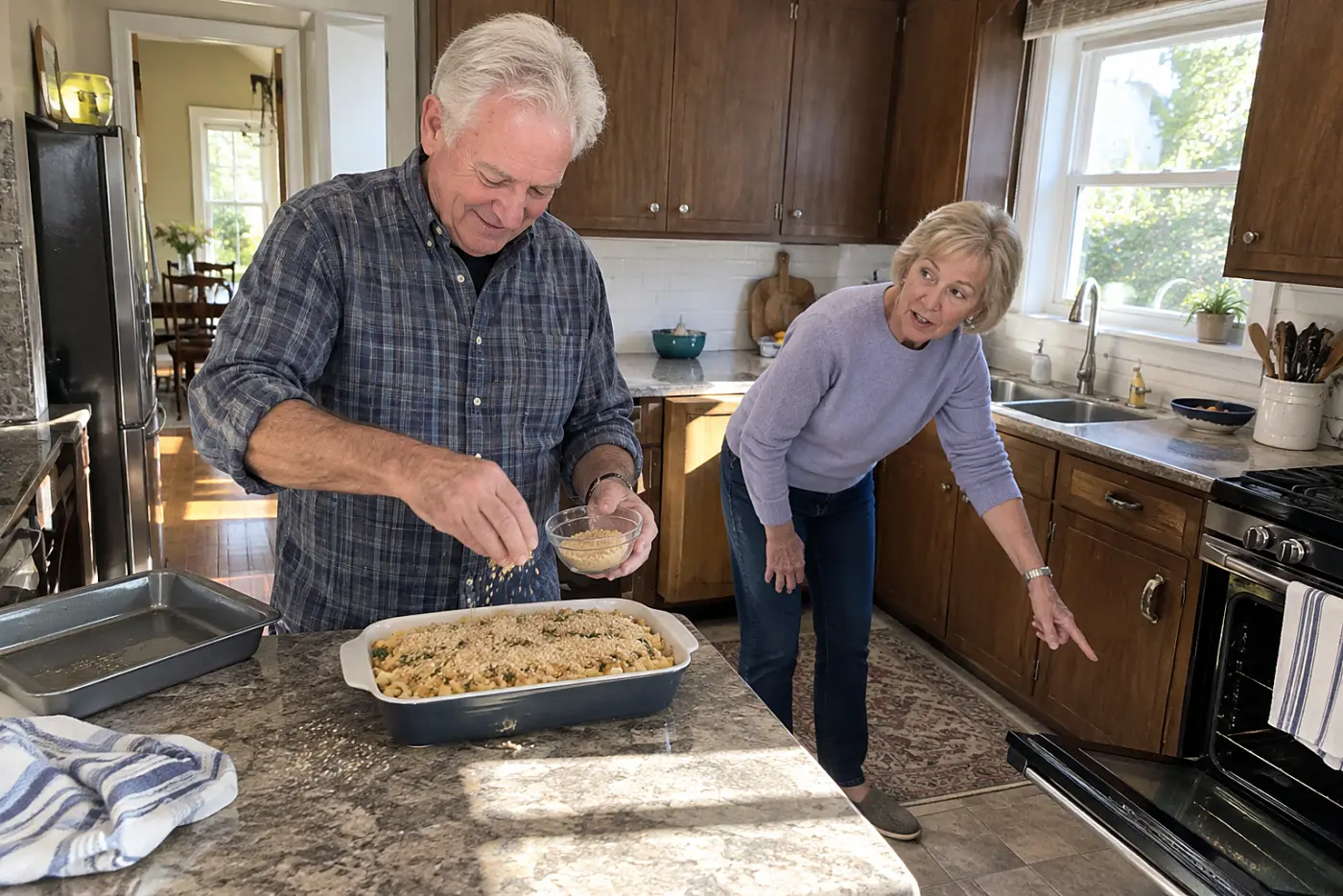 An older man scatters breadcrumbs over a tuna noodle casserole in a kitchen.