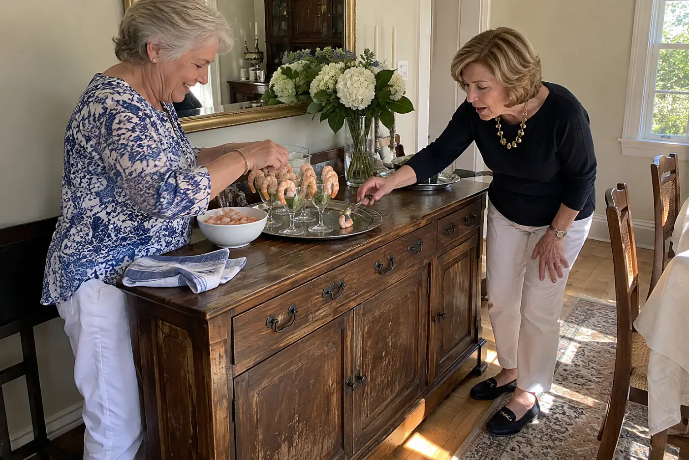 A woman places chilled prawns into stemmed glasses at a dining-room sideboard.