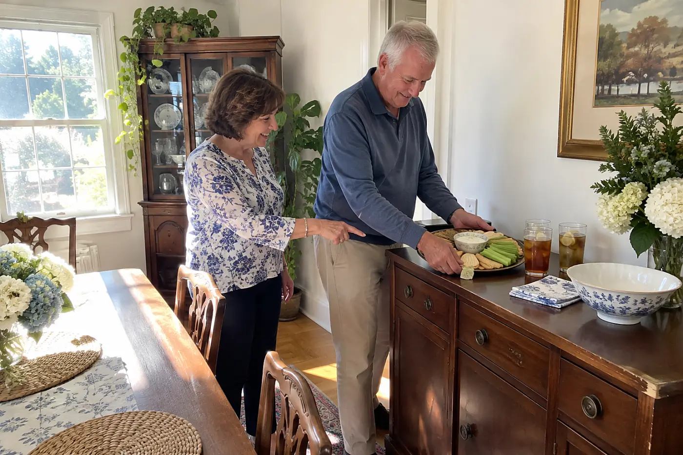 A man sets a celery and cracker tray beside two drinks on a dining-room sideboard.
