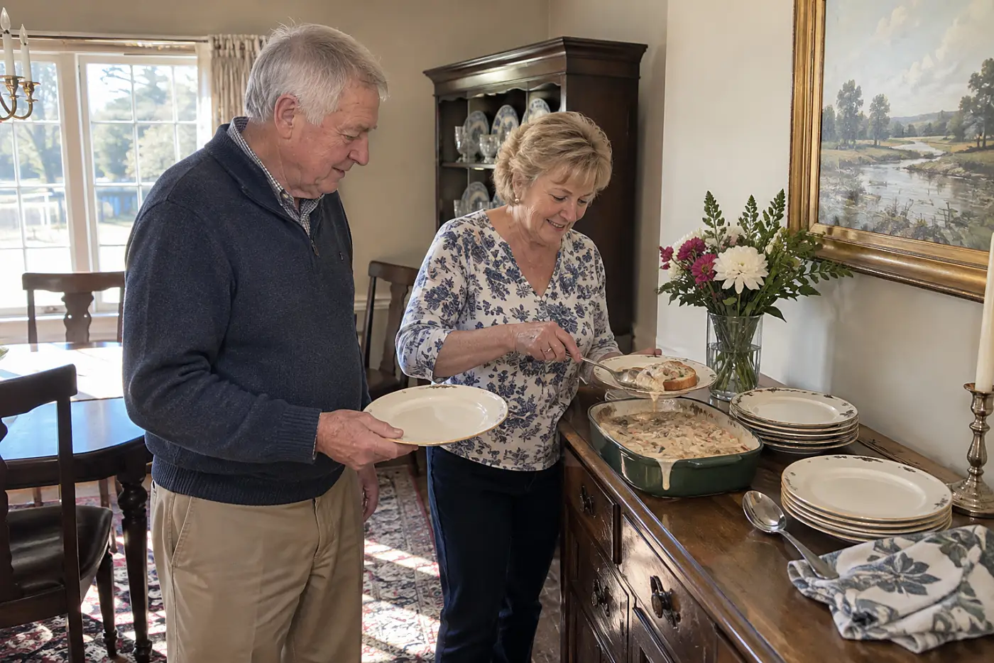 A woman spoons Chicken à la King over toast on a dining-room sideboard.