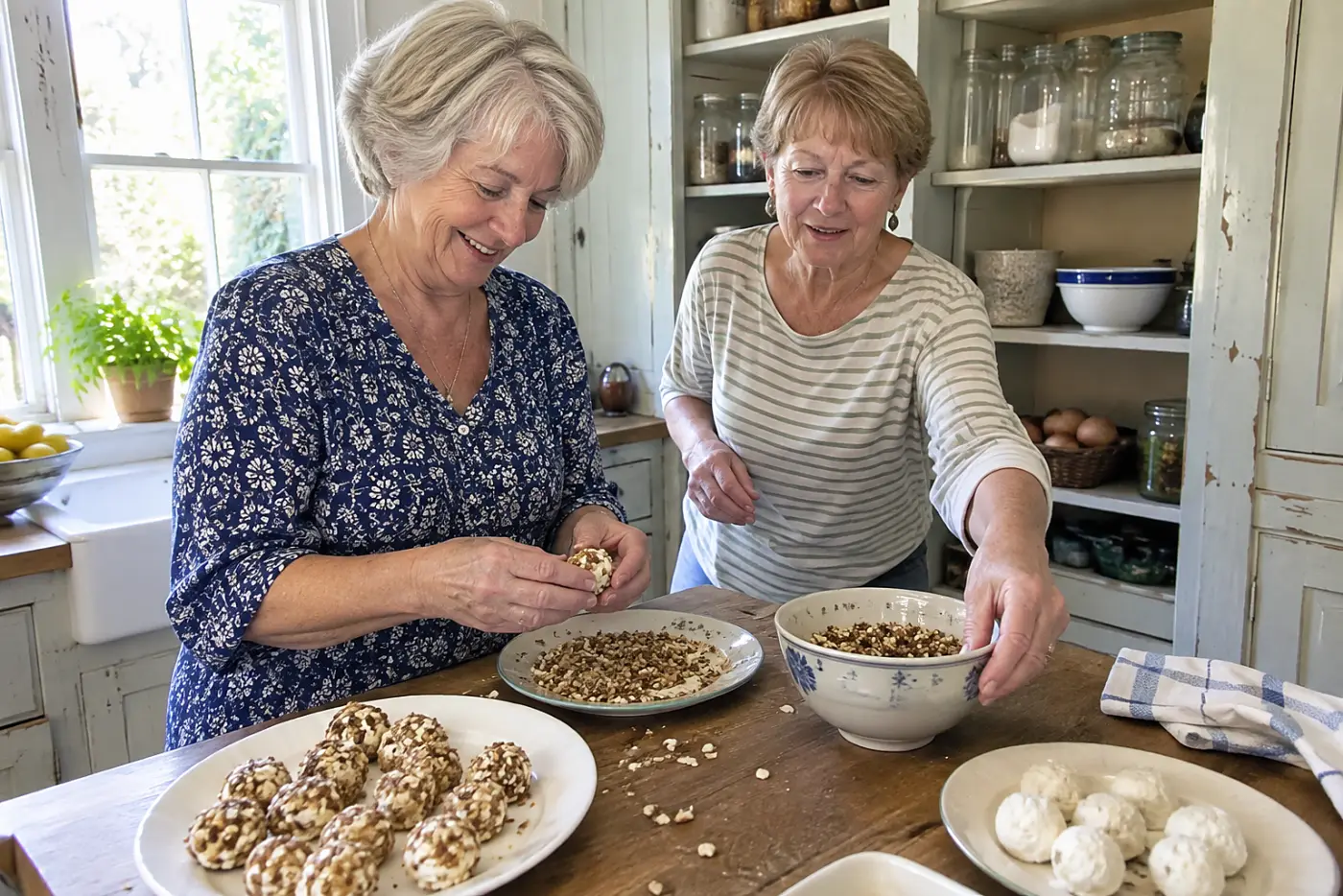 A woman rolls a small cheese ball in chopped nuts at a pantry counter.