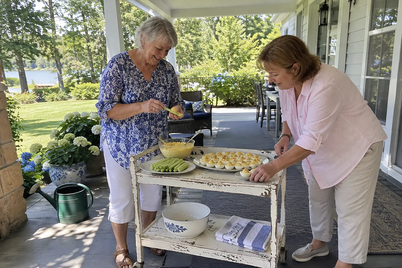 An older woman fills celery pieces beside deviled eggs on a porch serving cart.
