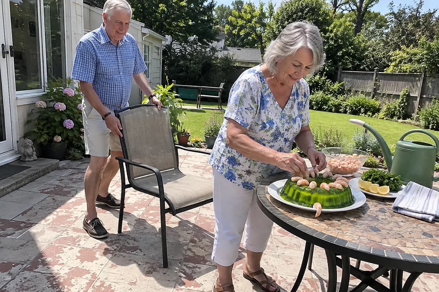 An older woman tops a lime gelatin mold with shrimp on a backyard patio.