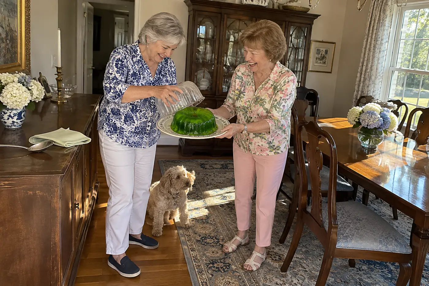 An older woman lifts a lime gelatin ring onto a platter in her dining room.