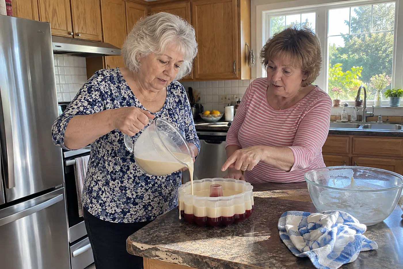 An older woman pours a creamy gelatin layer into a mold at a kitchen counter.