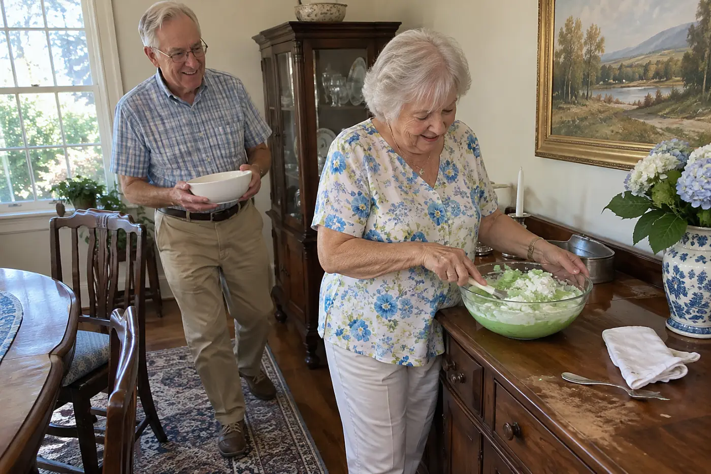 An older woman folds cottage cheese into lime gelatin at a dining room sideboard.