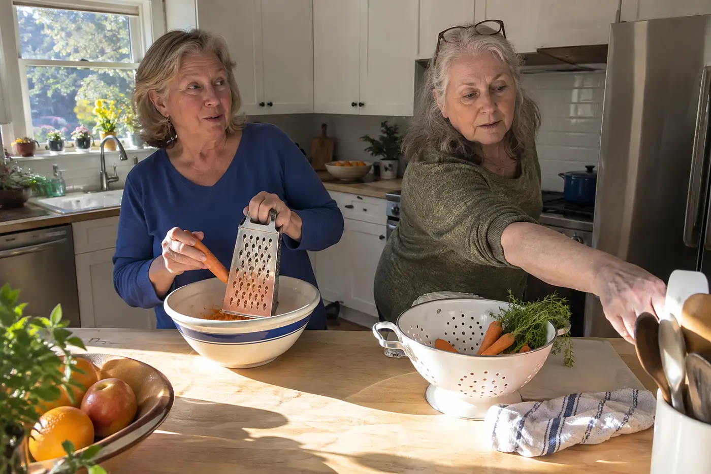 An older woman grates carrots into a bowl on a kitchen counter.