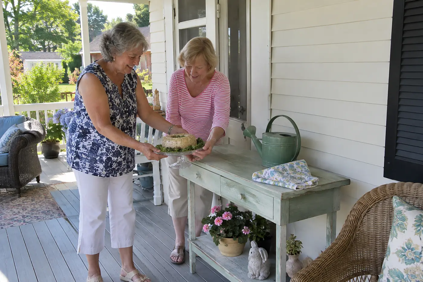 An older woman places a tuna gelatin ring on a porch serving shelf.