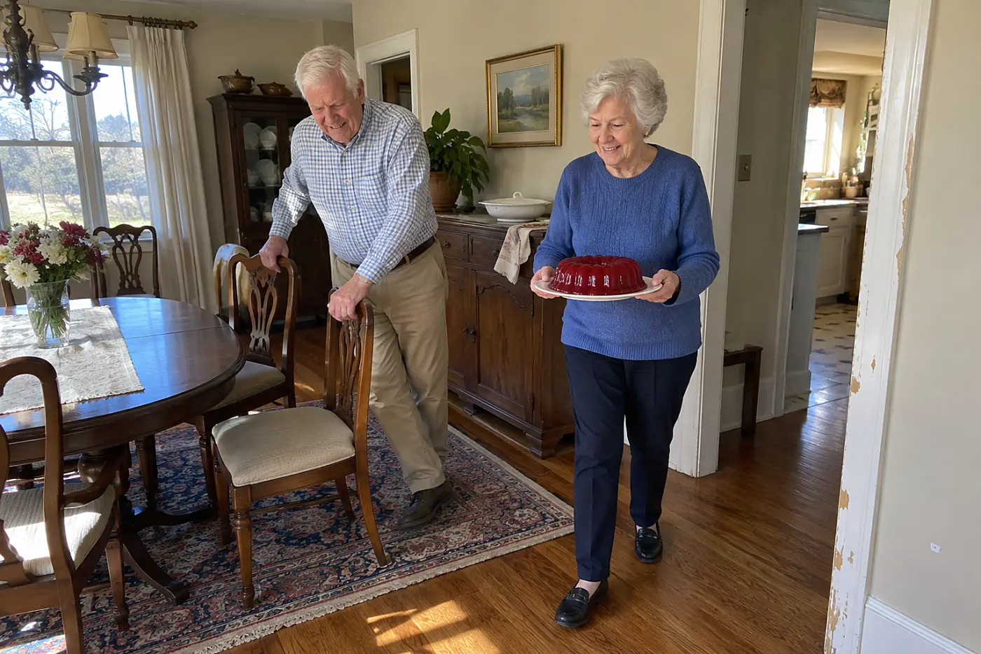 An older woman carries a cranberry gelatin ring through her dining room doorway.