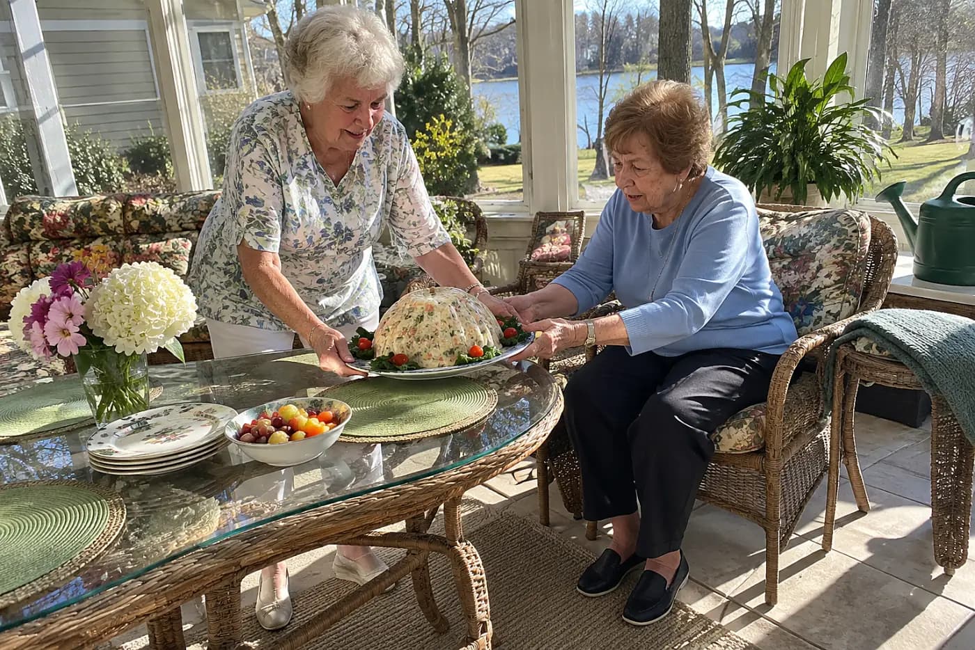 An older woman sets a chicken salad mold on a platter in a sunroom.