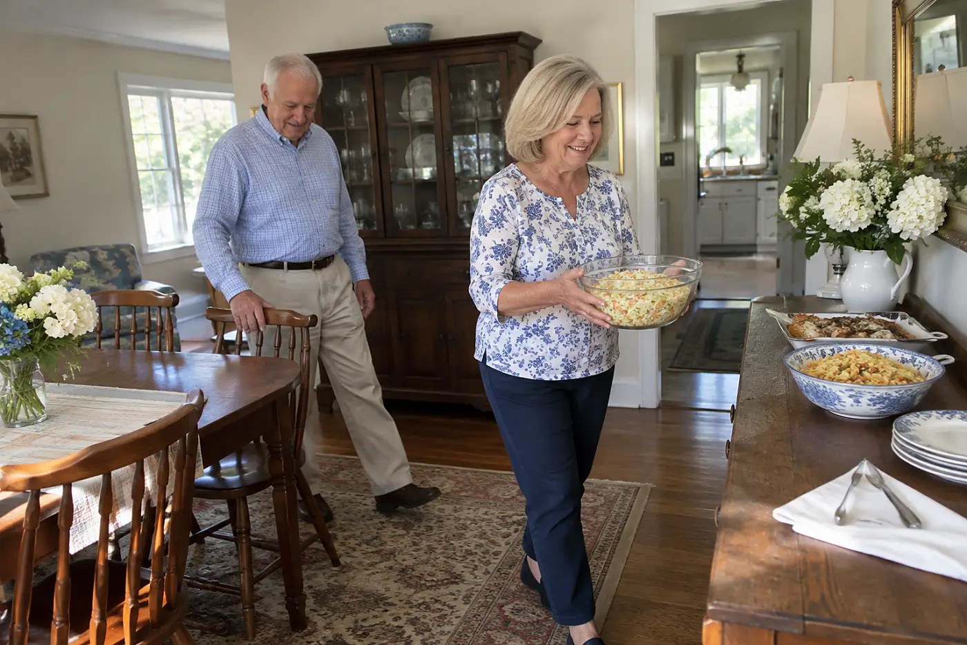 An older woman carries sliced cabbage salad mold to a dining room buffet.