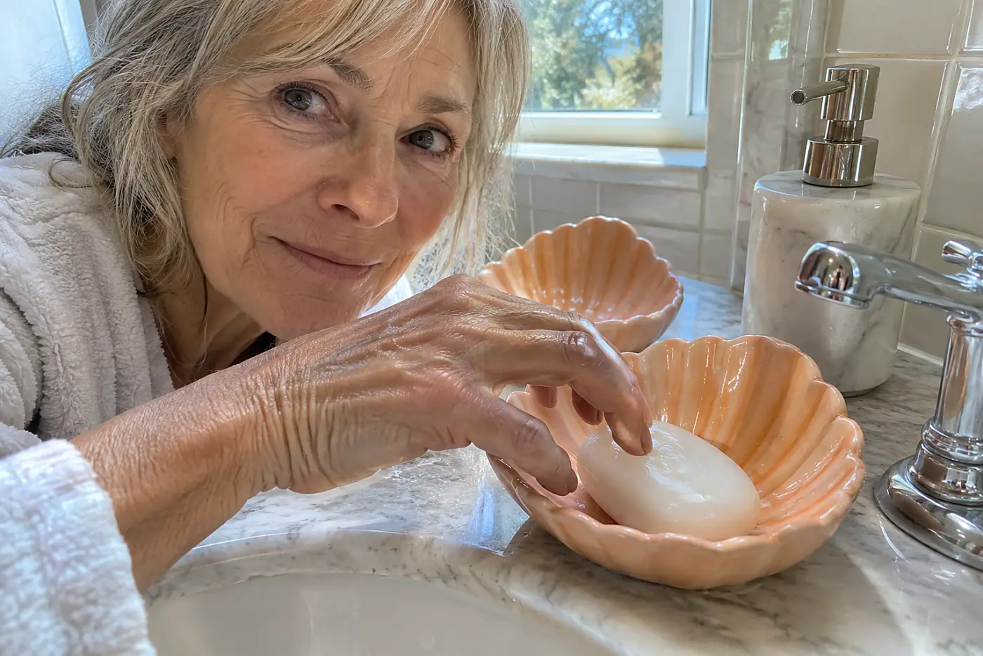 A woman in her sixties reaches for soap in a peach ceramic shell dish.