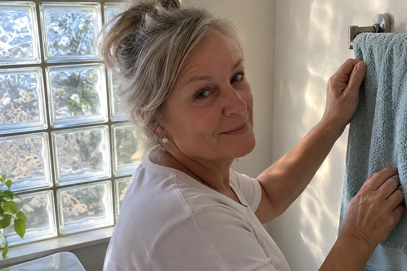 A woman in her sixties hangs a blue towel beside a glass-block bathroom window.