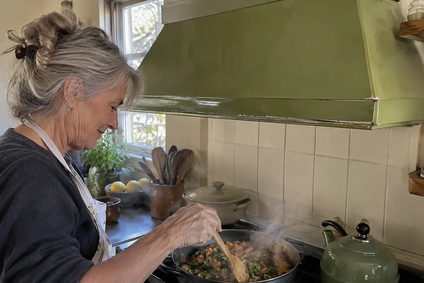 A woman in her sixties cooks at a stove beneath an avocado-green range hood.
