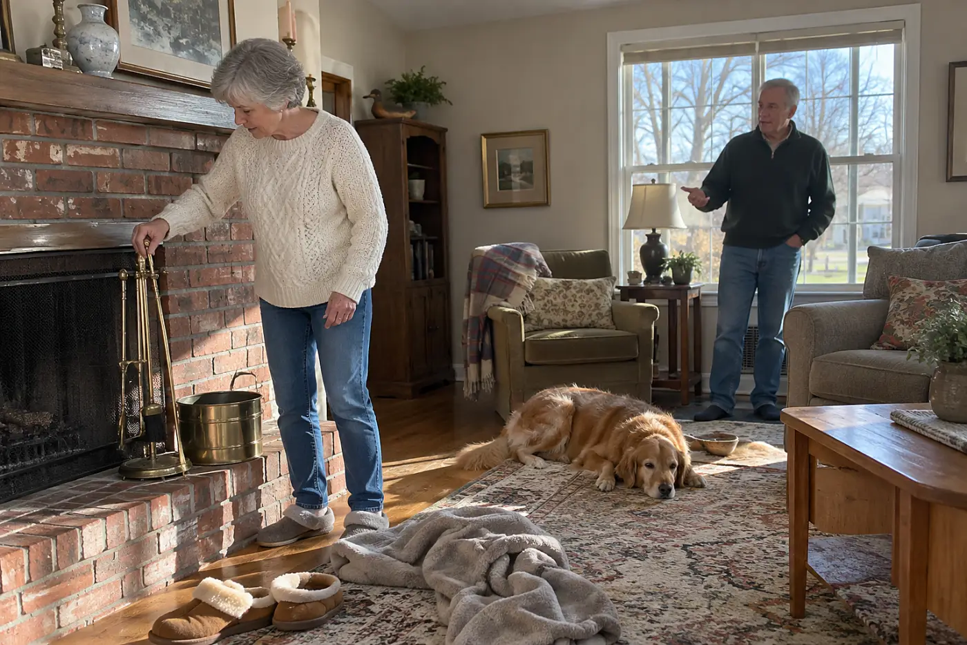 A woman in her sixties holds a poker from a brass fireplace tool stand.