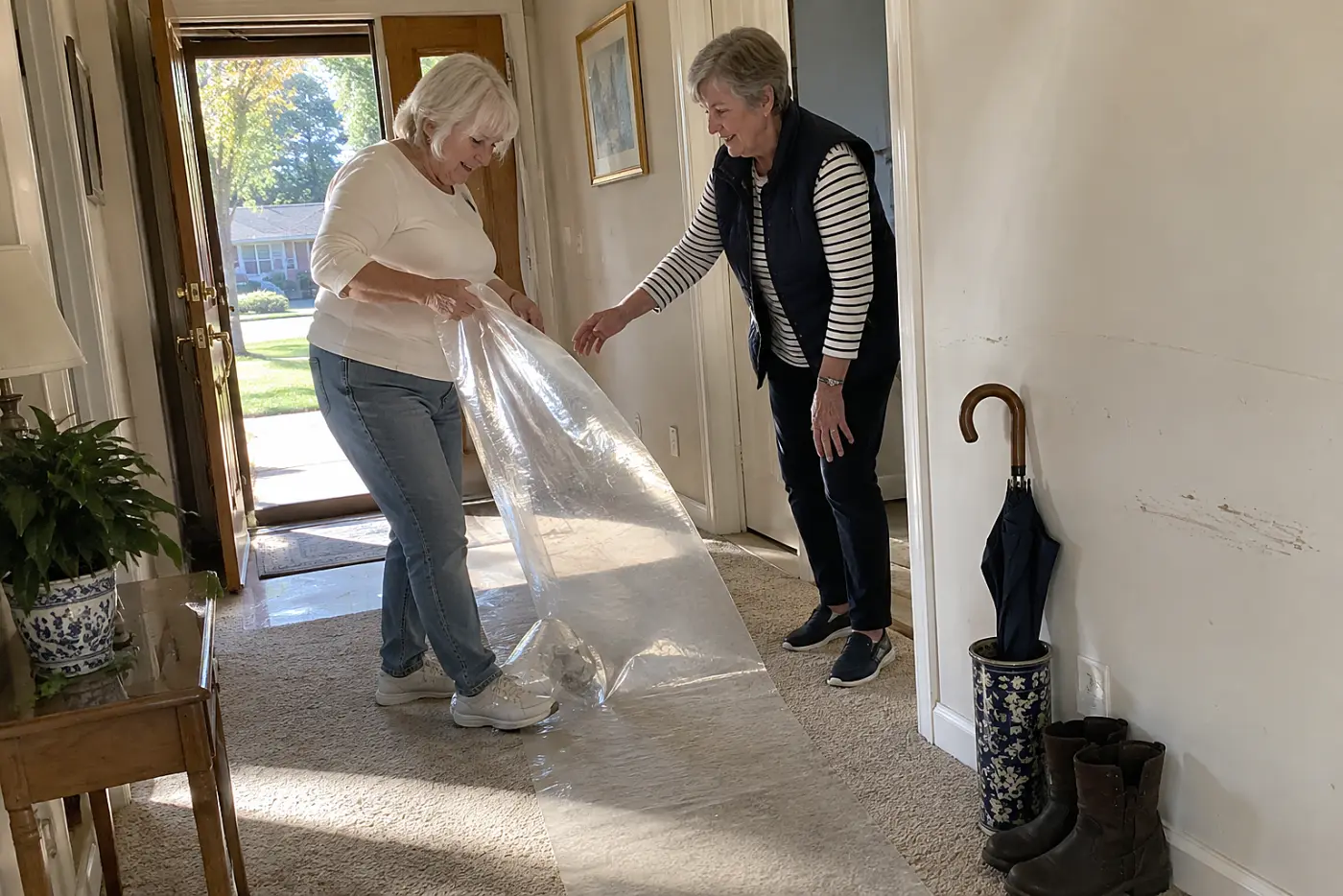 Two women in their seventies unroll a clear plastic runner down a carpeted hallway.