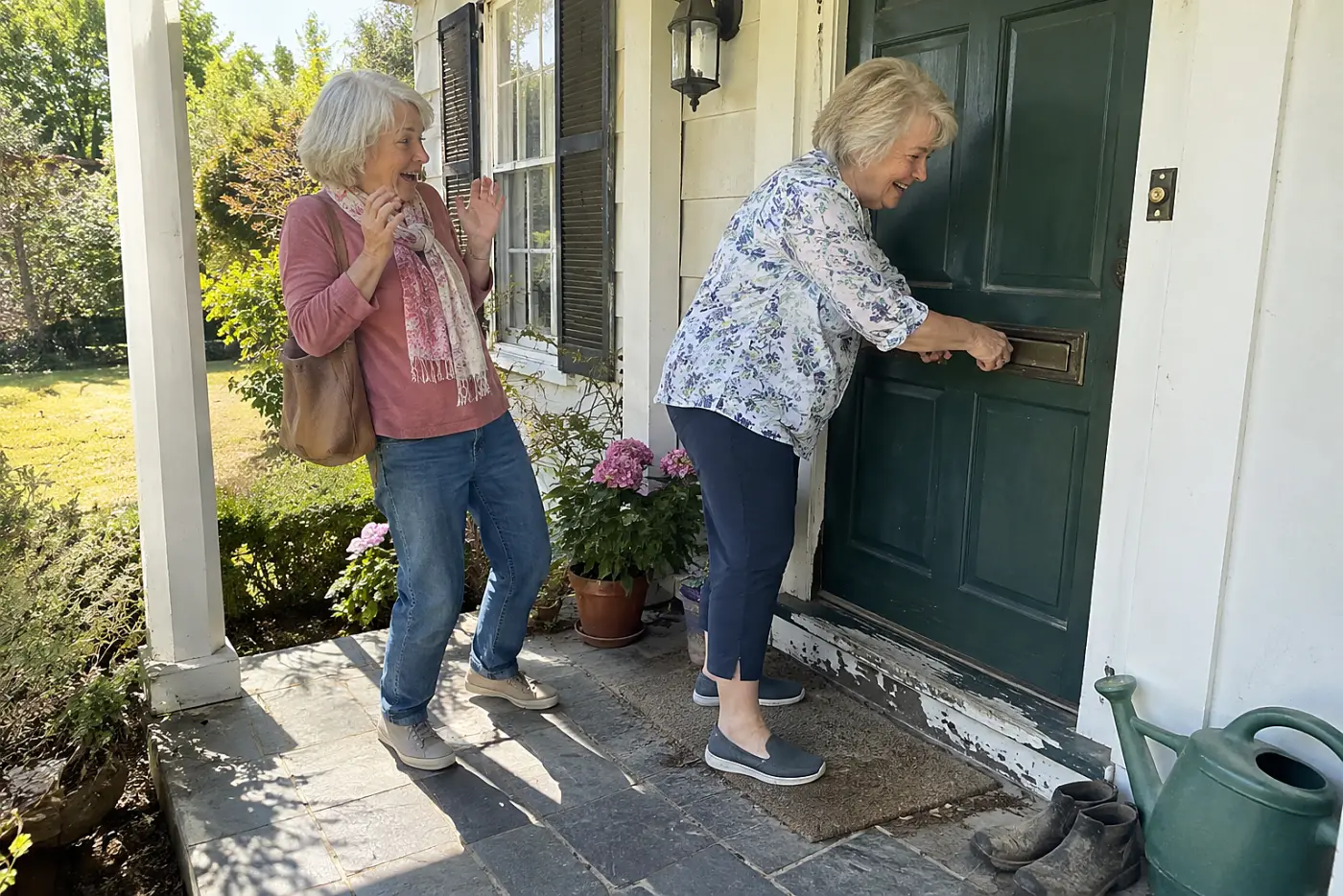 A woman in her sixties tests a letter slot on a dark green front door.
