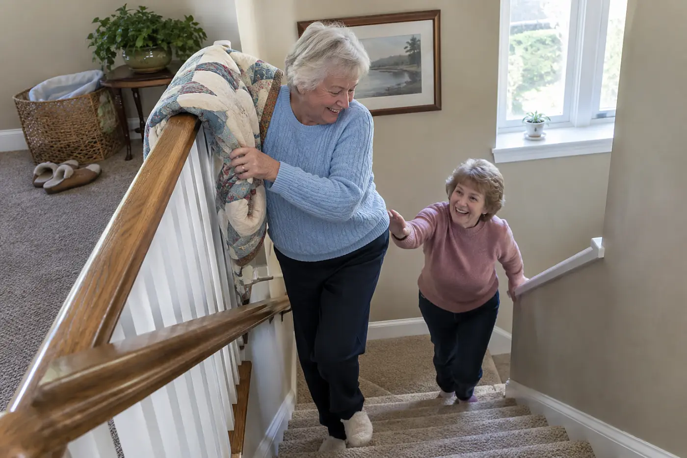 A woman in her seventies carries a folded quilt while climbing a carpeted staircase.