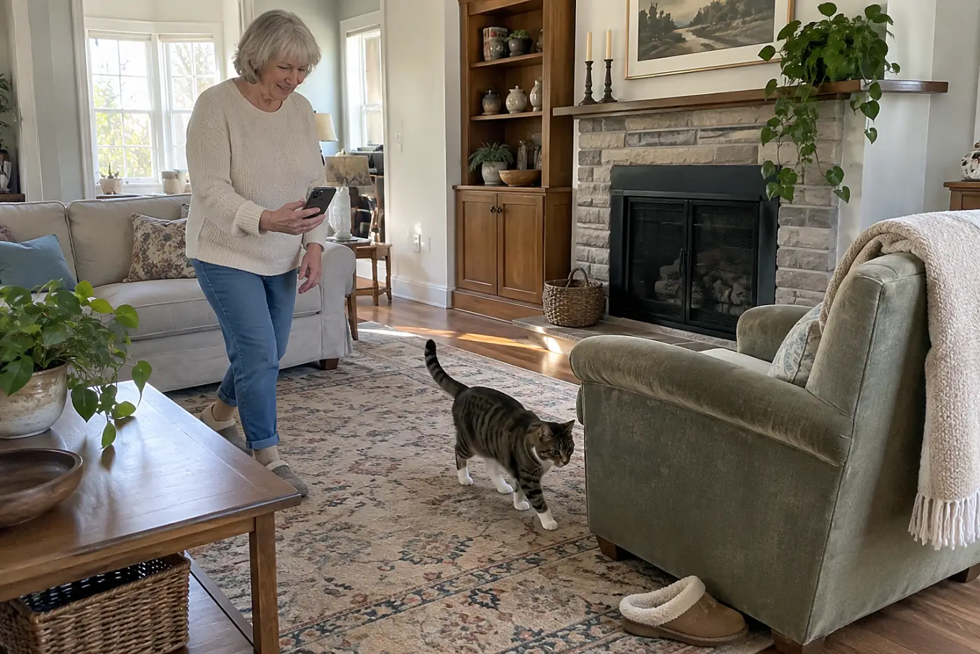 An older woman filming her cat walking across the living room with her phone.