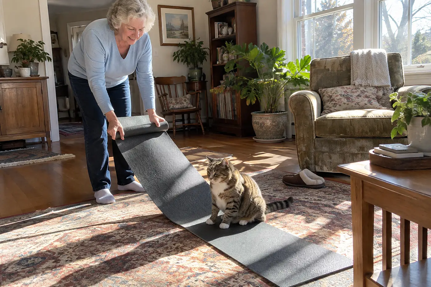 An older woman laying a grippy mat across the sunlit living room floor while her cat watches.