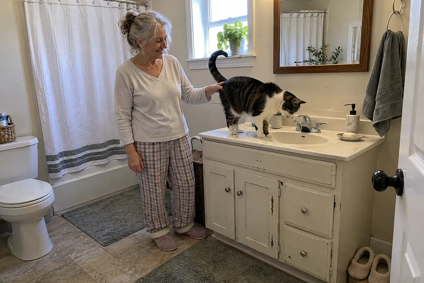 An older woman stroking her cat beside the bathroom sink before bed.