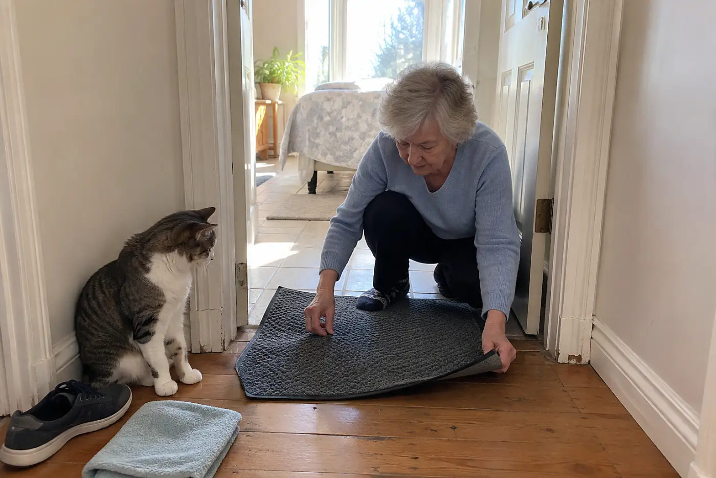 An older woman placing a nonslip mat across a doorway while her cat waits beside the frame.