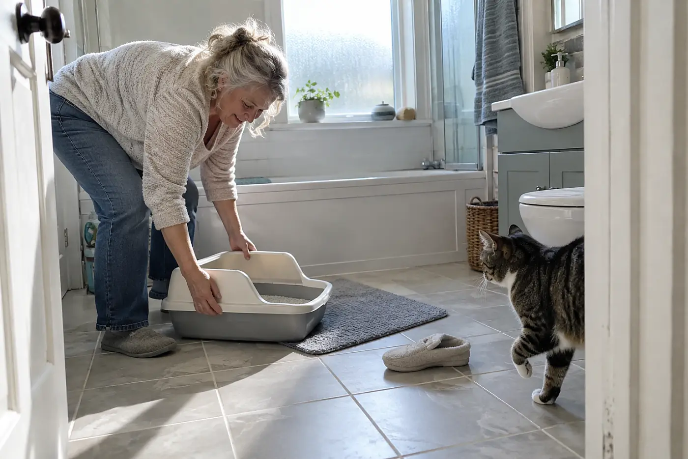 An older woman setting a low-entry litter box on the bathroom floor as her cat watches.