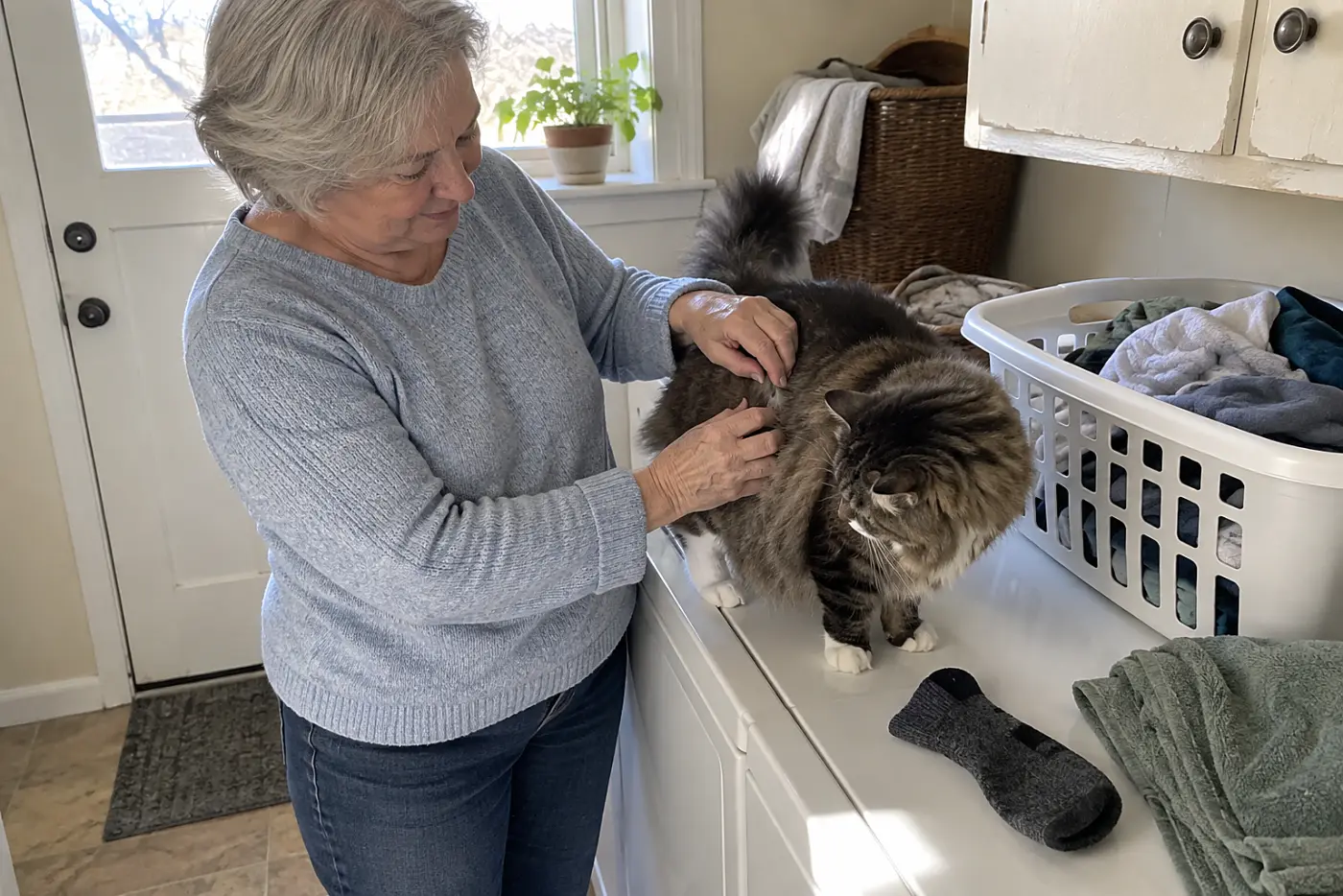 An older woman checking a patch of matted fur on her cat's back in the laundry room.