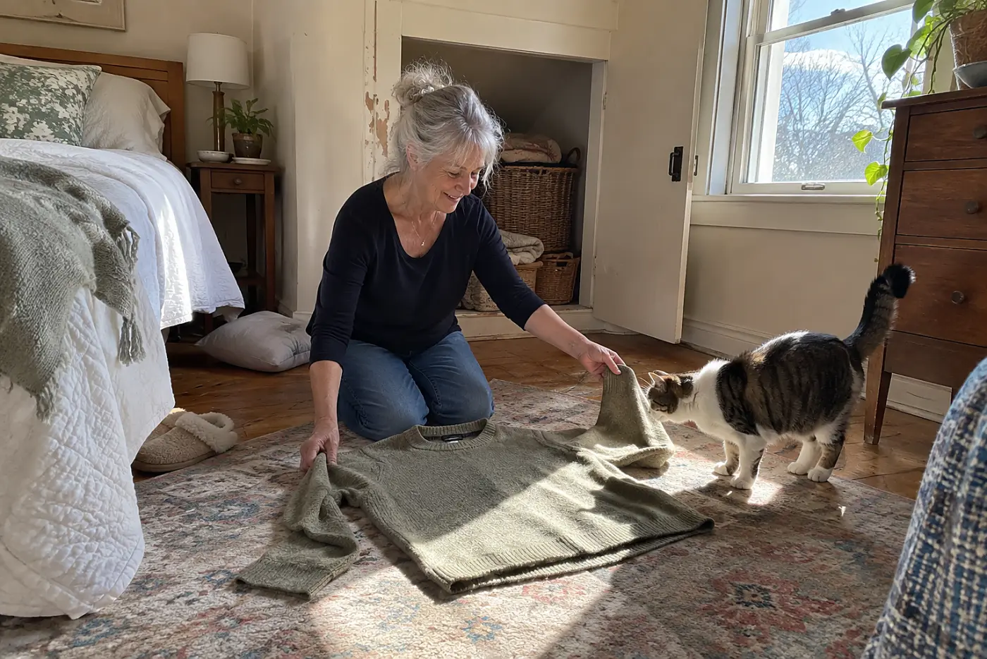 An older woman laying a worn sweater in a low bedroom nook as her cat approaches.