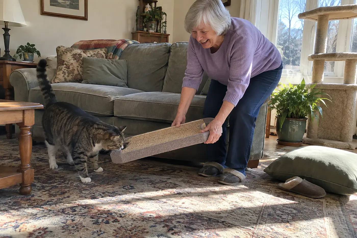 An older woman setting a horizontal scratcher beside the couch while her cat sniffs it.