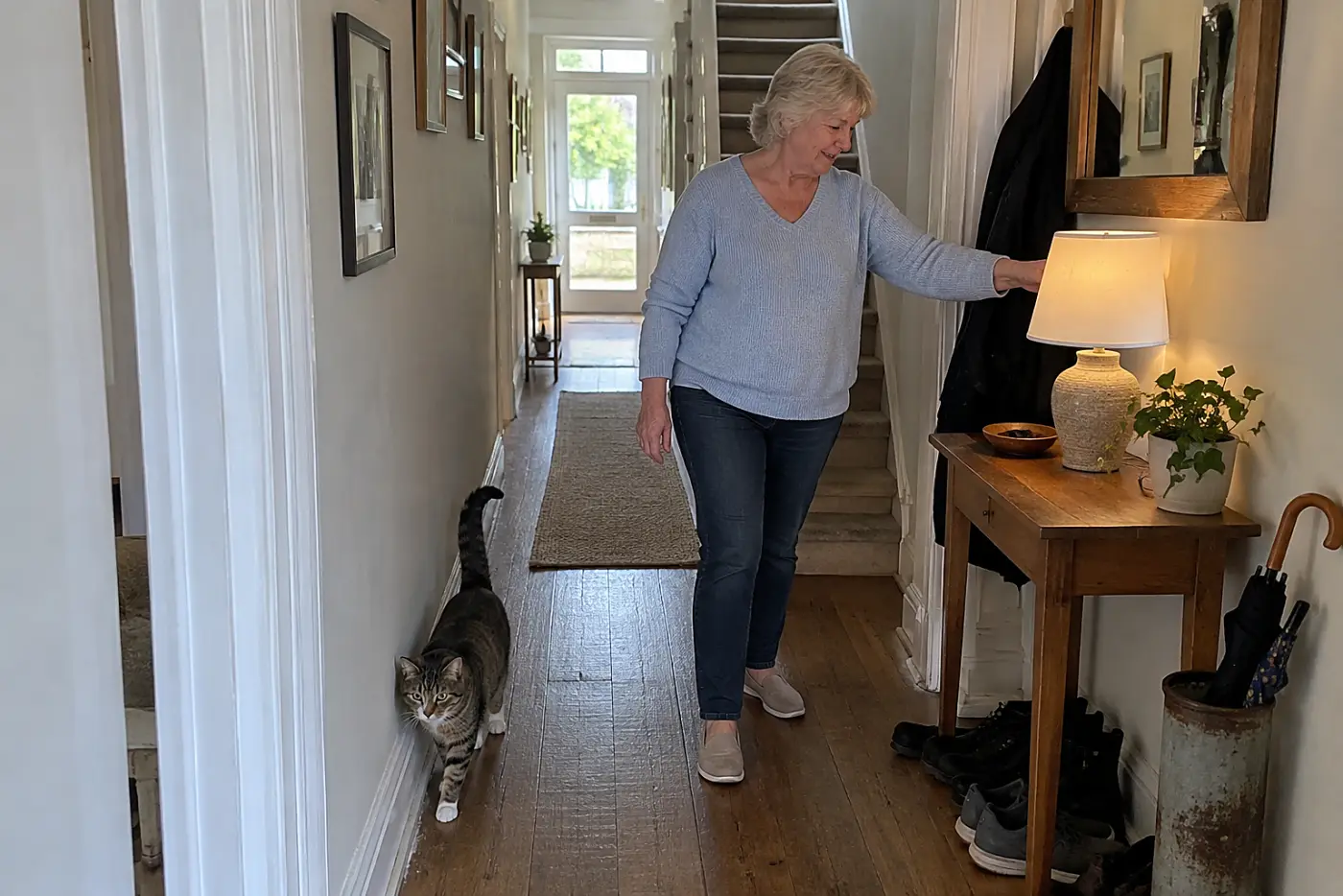 An older woman switching on a hallway lamp as her cat walks along the wall.