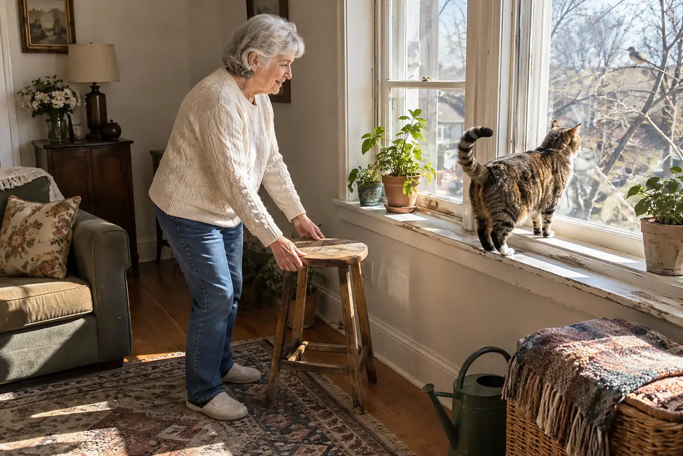 An older woman moving a stable stool near the living room window while her cat watches a bird.