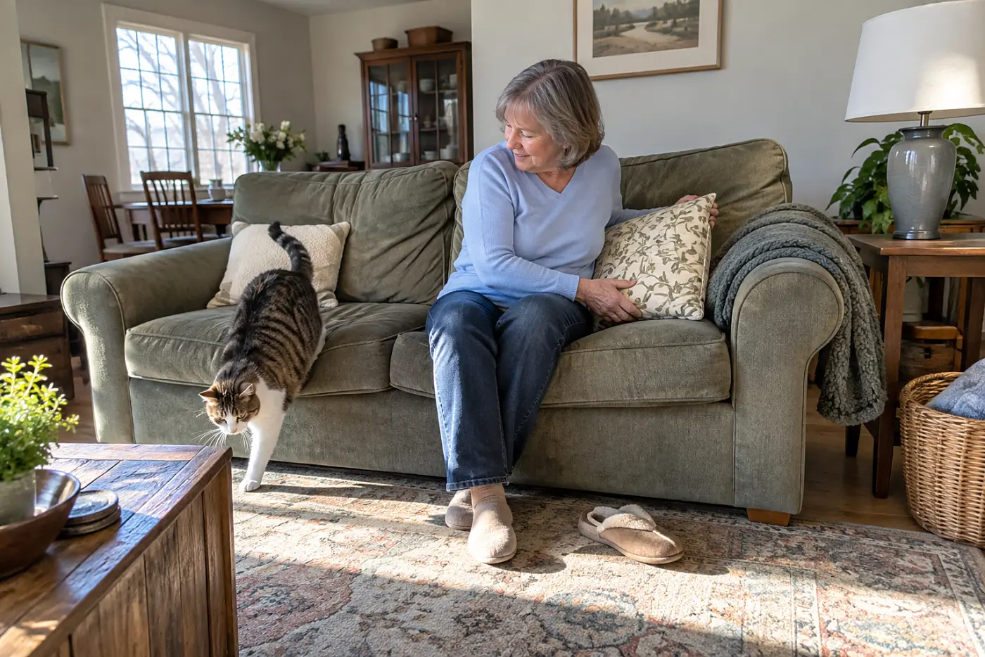 An older woman placing a firm cushion beside her lap as her cat steps off the couch.