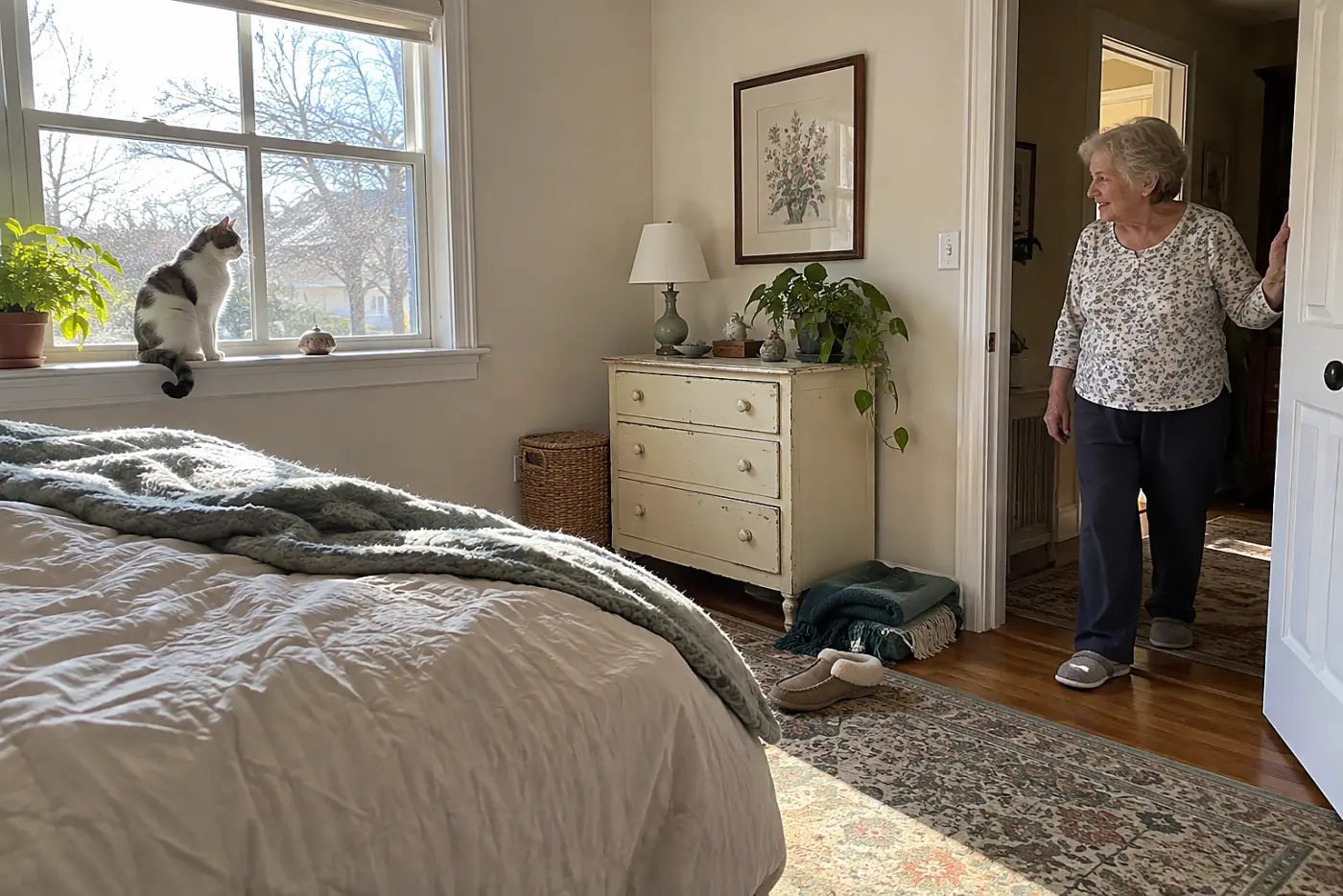 An older woman walking into the bedroom toward her cat after calling her name.