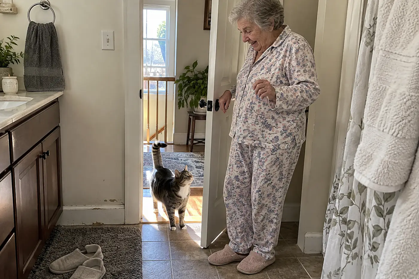 An older woman opening the bathroom door to find her cat waiting outside.
