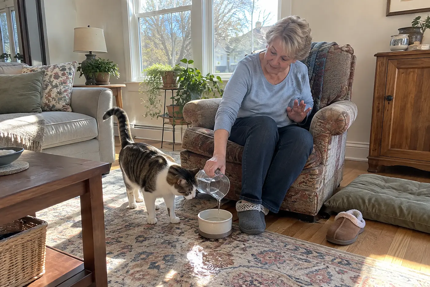 An older woman refilling a water bowl beside her chair in the living room.