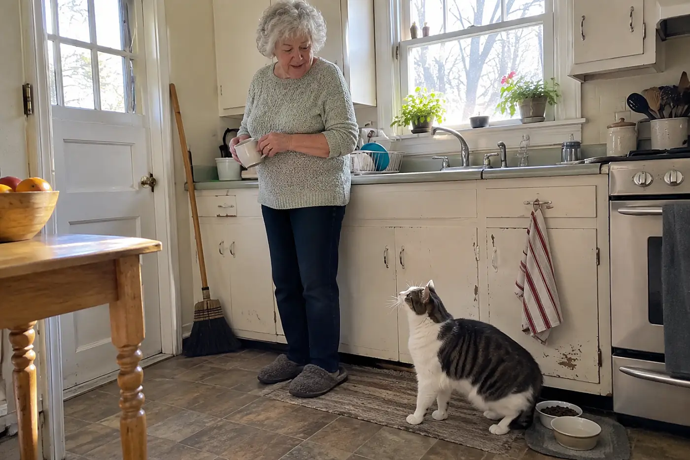 An older woman watching her cat take a bite from a bowl on the kitchen floor.