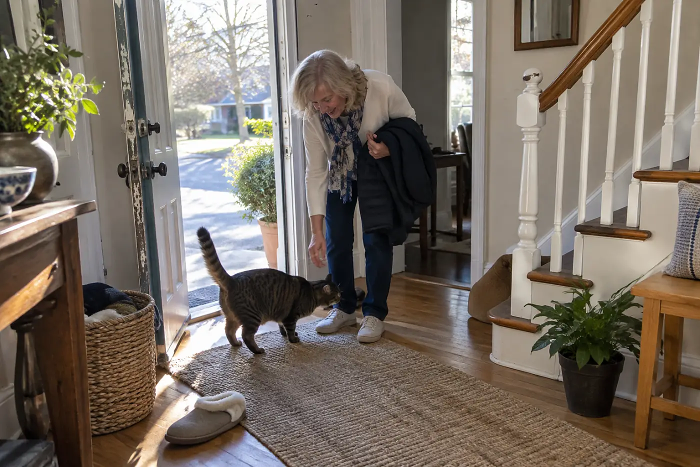 An older woman greeting her cat halfway down the hallway after coming through the front door.