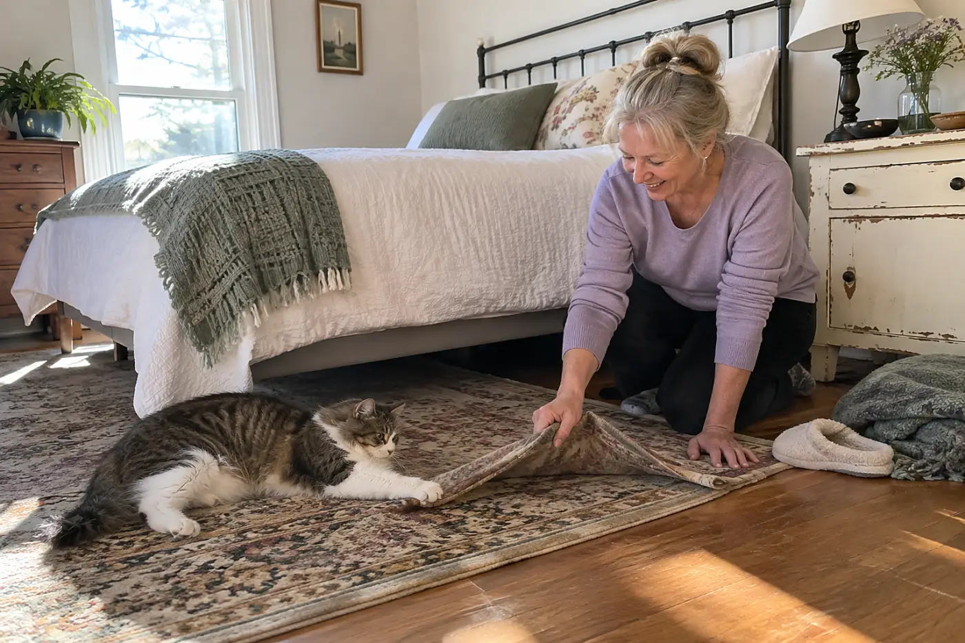 An older woman smoothing a rug beside her bed while her cat rests on it.