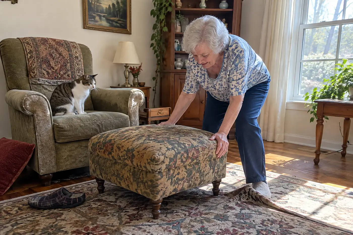 An older woman moving a sturdy footstool beside an armchair as her cat watches in the living room.